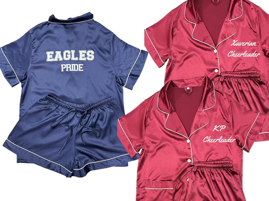 Cheer Leaders Pajamas, Silky Satin PJs, Monogram Set, Cheer Team Outfit, Birthday Girl Pajamas, Sweet 16 Sleepwear, Matching Cheer Squad Shorts, Personalized Silk Pajama Gift White