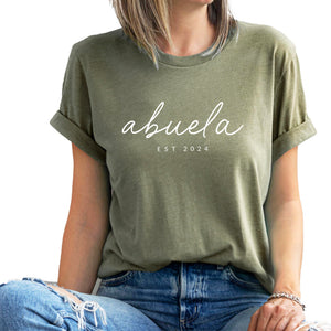 Abuela Grandma Personalized Est Year Shirt Funny Cute Graphic Tees Women Letter Print T-Shirt Casual Short Sleeve Tops Heather Olive