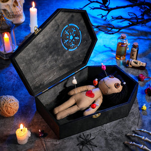 12 Pcs Voodoo Doll Kit Include Creepy Dolls 10 Pcs Skull Pins Wooden Coffin Box Haunted Doll Halloween Scary Ghost Voodoo Ornaments Fidget Toys Stress Relieving(Female)
