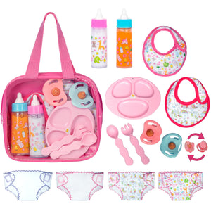 My Sweet Baby 13-Piece Doll Feeding & Diaper Bag Set – Disappearing Milk Bottles, Bibs, Pacifiers, Diapers & Accessories Set – Pretend Play Baby Doll Care Kit for Girls – Fits 12–18? Dolls