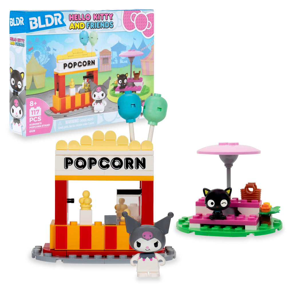 BLDR Hello Kitty and Friends Kuromi’s Popcorn Stand Building Set - Kuromi & Chococat Poseable Minifigures - Gifts for Kids & Sanrio Fans Ages 8+, 0129