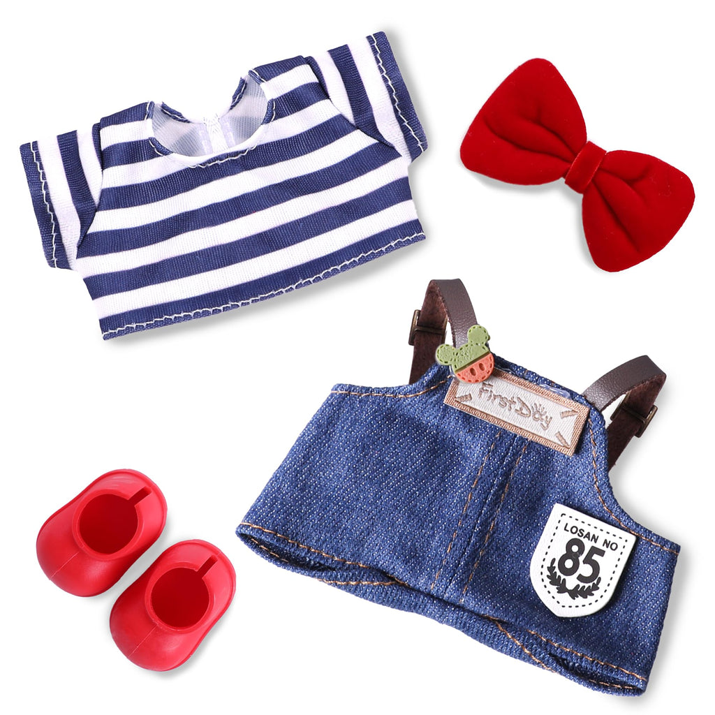 Clothes for 6.7in/17cm Doll, Set of 4 Cute Doll Accessories Includes Doll Hat+T-Shirt+Bib Pants+Shoes Set Premium Fashion Outfit for Collectors Unique Gift (Style A)