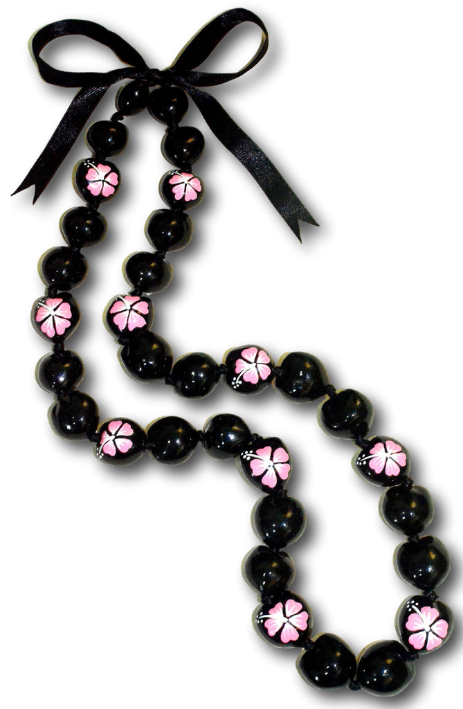 Native Treasure 32" Mens and Womens Hawaiian Style Genuine Black Kukui Nut Necklace Lei with Pink Hibiscus Hand Painted Flowers from the Lumbang Tree Philippines