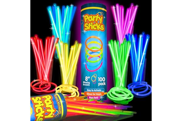 PartySticks Ultra Bright Glow Sticks Bulk Party Supplies 100 Pack - 8" Glow in the Dark Light Up Halloween Party Favors, Glow Decorations, Neon Party Necklaces and Bracelets with Connectors