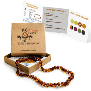 Amber Guru Baltic Amber Necklace (Authentic, Certified) - 12.5 inches - Unisex Jewelry - Cognac (Polished) - Real Amber Beads - Proud to Deliver Genuine Baltic Sea Wonder Handmade
