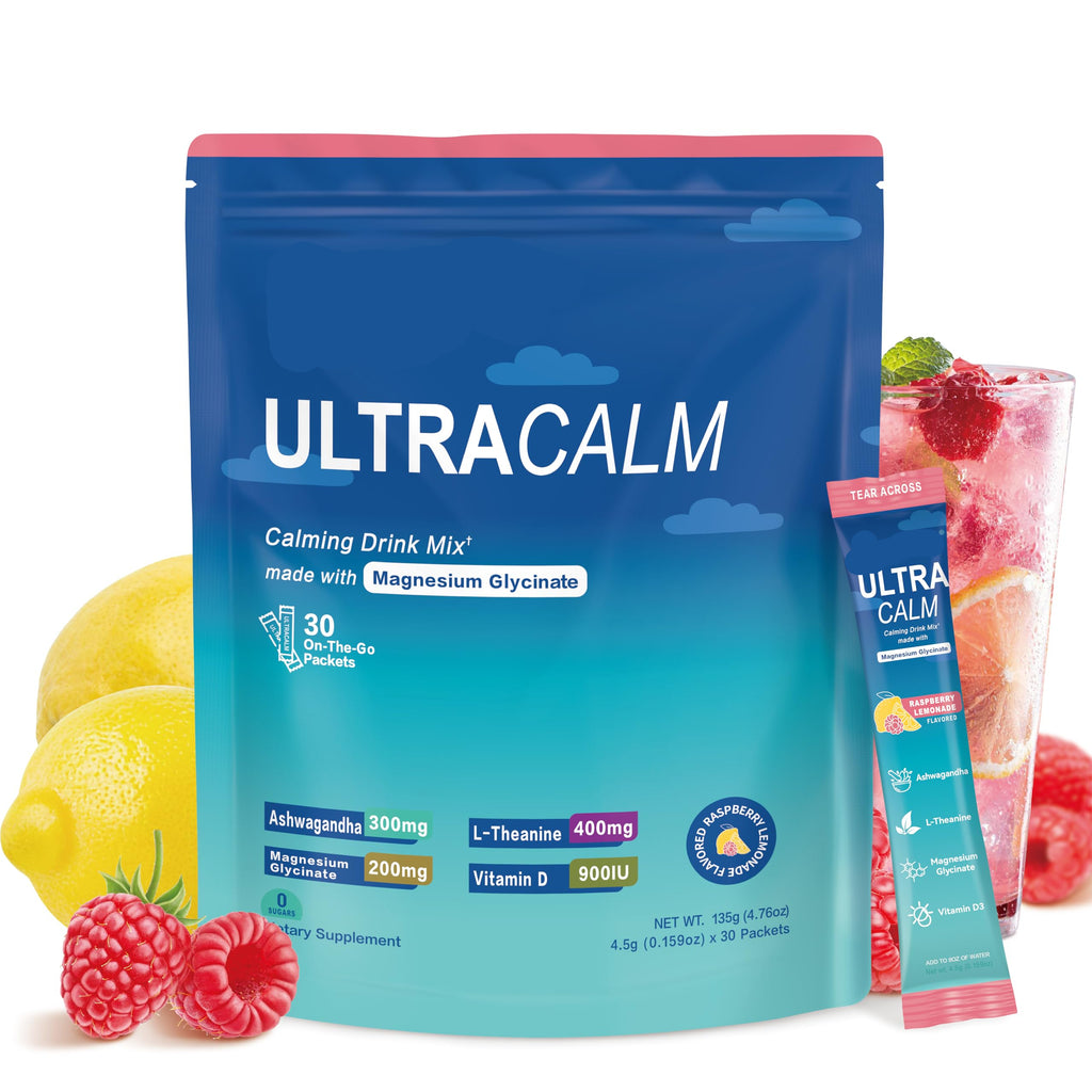 Lorocé UltraCalm calming drink mix packaging with ingredients and a glass of juice on a white background
