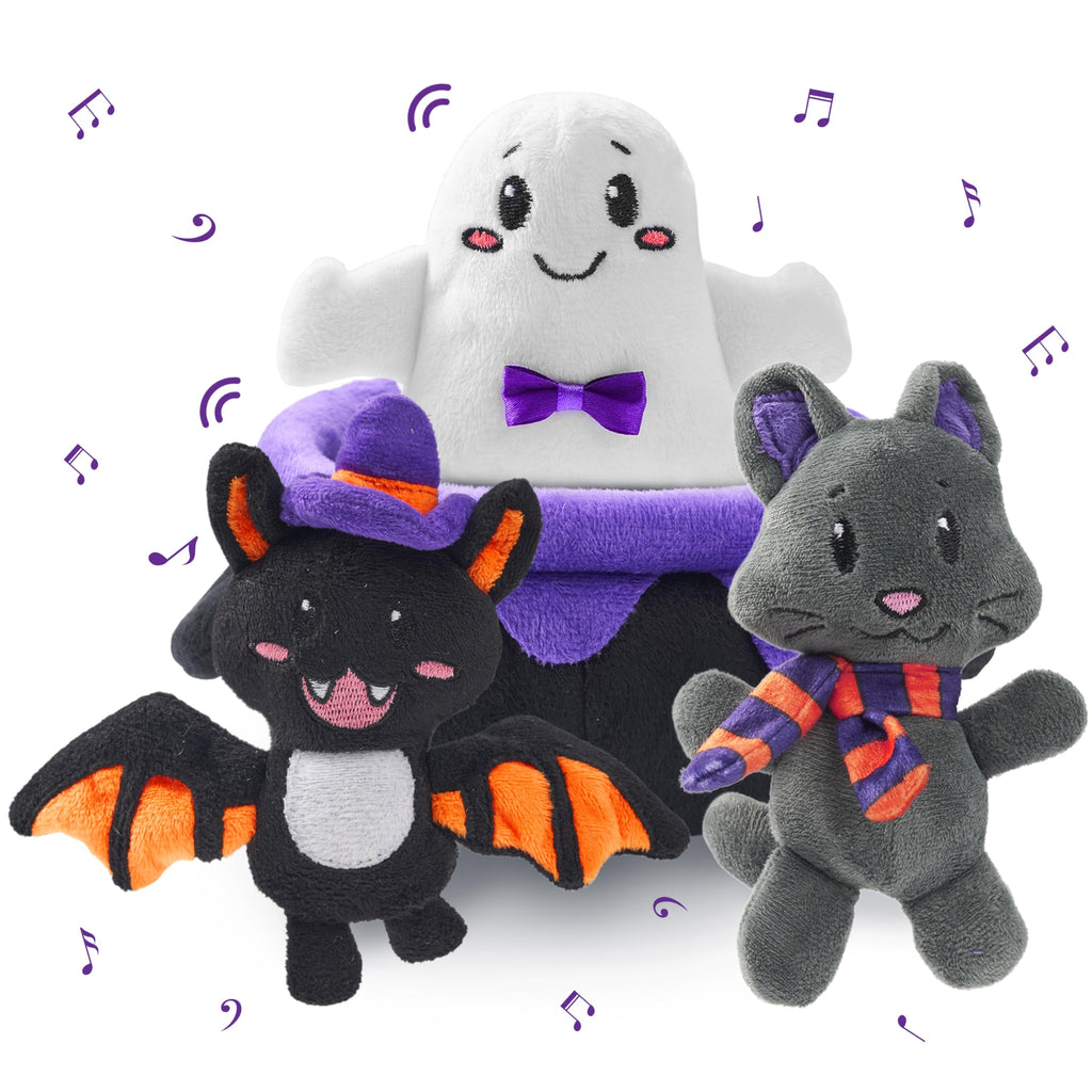 JOYIN 4PCS Baby Halloween Plush Toy, Plushie Cauldron with Ghost Bat Cat, Halloween Playset for Kid Trick or Treat, School Classroom Party Favor Supply Gift, Goodie Bag Stuffer Filler, Prize and Treat