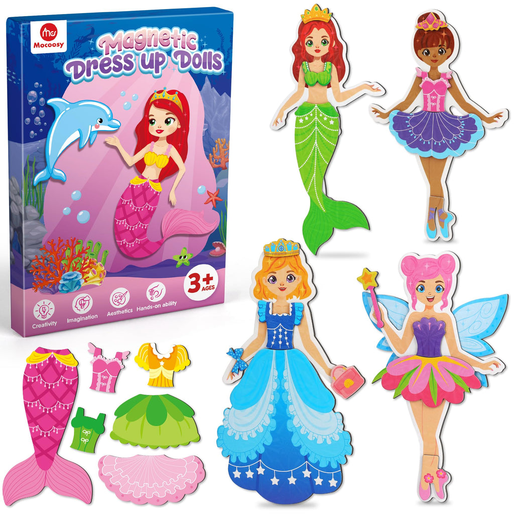 Mocoosy Magnetic Dress Up Dolls for Girls, Princess Mermaid Fairy Ballerina Magnet Dolls Dress Up Kits, Travel Game Car Road Trip Airplane Activity Toys Birthday Gifts for Toddler Girls Ages 3 4 5 6 7