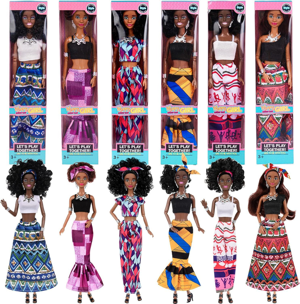 6 Pack African American Fashion Dolls Set with Mix & Match Outfits – 11.5" Posable Black Dolls & 5 Accessories Each (Crown, Necklace, Headscarf & More) + Pink Gift Case
