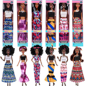 6 Pack African American Fashion Dolls Set with Mix & Match Outfits – 11.5" Posable Black Dolls & 5 Accessories Each (Crown, Necklace, Headscarf & More) + Pink Gift Case