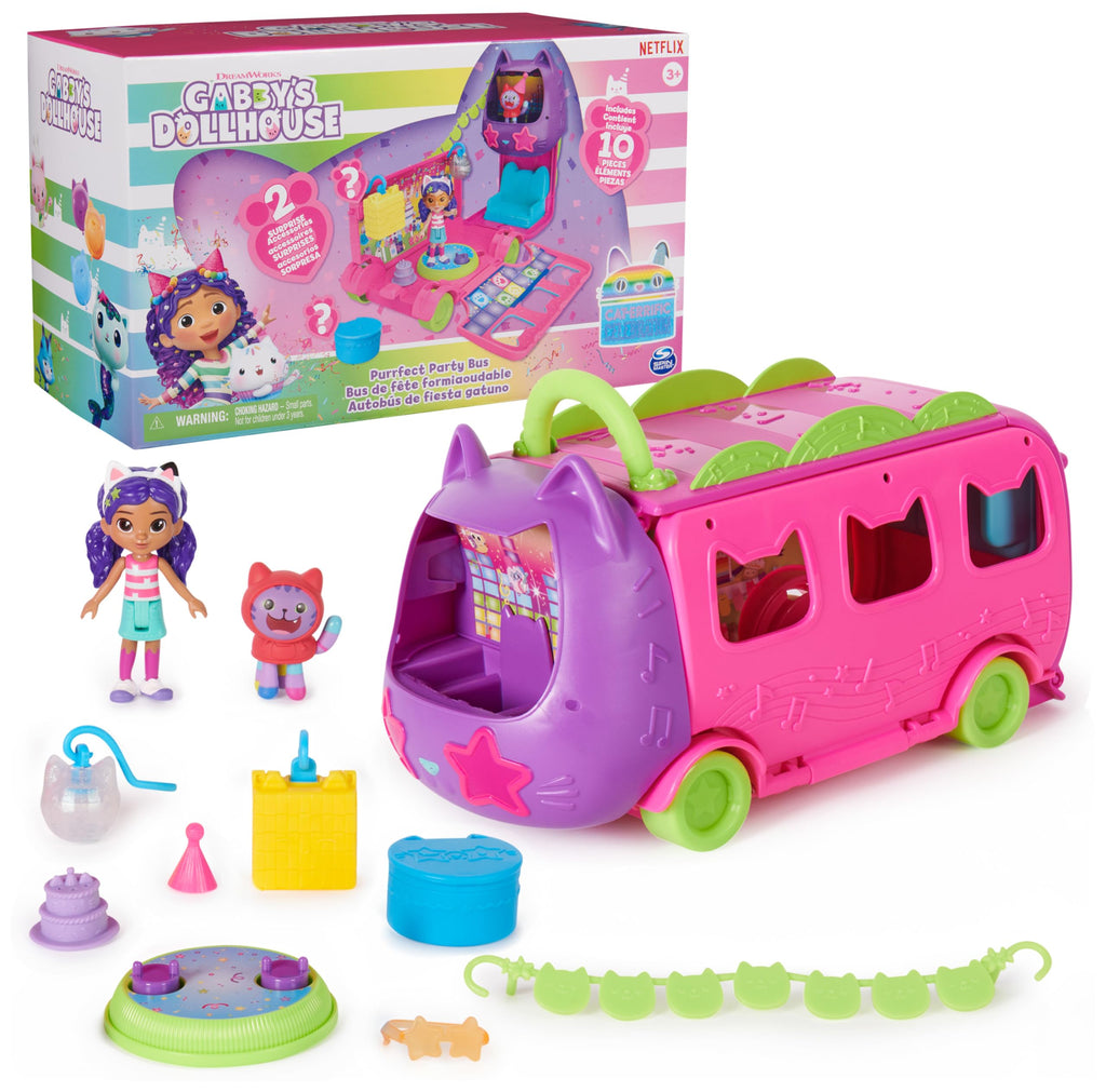 DREAMWORKS GABBY'S DOLLHOUSE Celebration Party Bus, Transforming Playset with Gabby & DJ Catnip Toy Figures & Dollhouse Accessories, Kids Toys for Ages 3 and Up