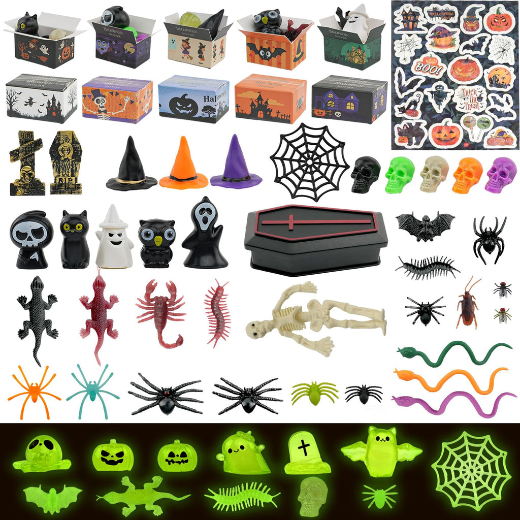 61pcs Halloween Mini Resin Figures Tiny Animals Little to Hide Pumpkin Ghost Skull Miniature Bulk Party Garden Dollhouse Decor Plastic Landscape Ornaments Luminous Glow Statue Toy Gift Box Coffin Bat