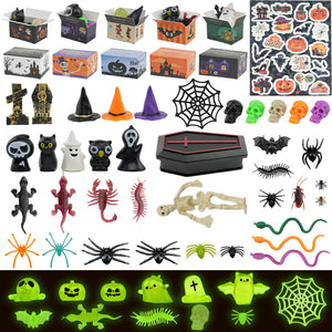 61pcs Halloween Mini Resin Figures Tiny Animals Little to Hide Pumpkin Ghost Skull Miniature Bulk Party Garden Dollhouse Decor Plastic Landscape Ornaments Luminous Glow Statue Toy Gift Box Coffin Bat