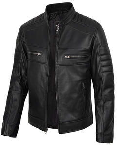 fjackets Cafe Racer Leather Jacket Men - Real Lambskin Natural Grain Leather Moto Style Jackets For Mens
