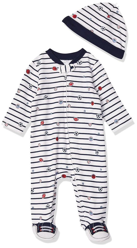 Little Me Baby Boys 100% Cotton Scratch Free Tag 2-piece Sleeper Footie And Cap Set, Sports Star, Newborn US