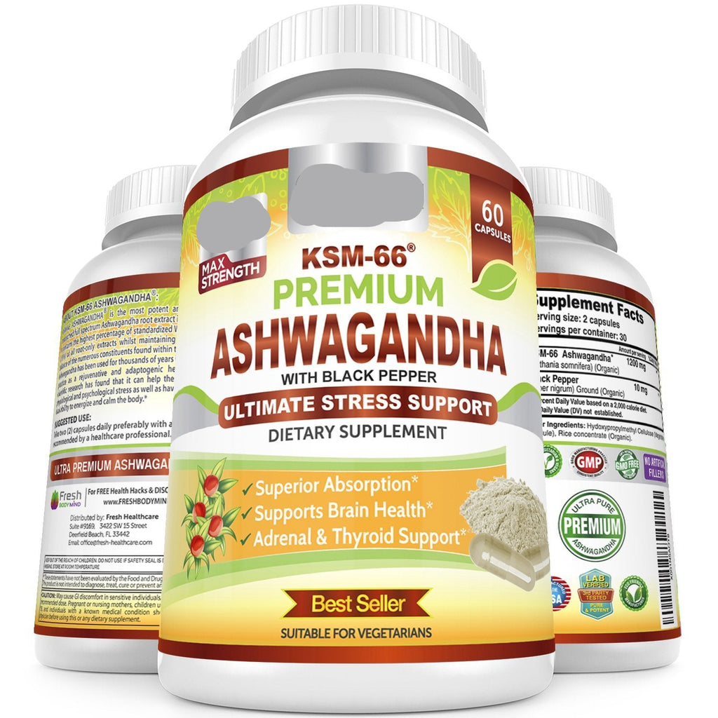 Supplement bottle labeled 'KSM-66 Premium Ashwagandha' on a white background