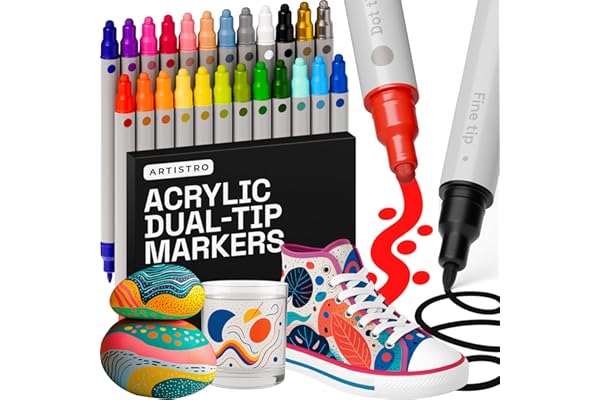 ARTISTRO 24 Acrylic Paint Markers for Rock, Fabric, Wood, Glass, Craft, Decoration - Dual-Tip Paint Pens - Stocking Stuffers, Christmas Gift Idea for Teens, Grandkids, Kids - Art Supplies
