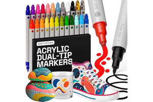 ARTISTRO 24 Acrylic Paint Markers for Rock, Fabric, Wood, Glass, Craft, Decoration - Dual-Tip Paint Pens - Stocking Stuffers, Christmas Gift Idea for Teens, Grandkids, Kids - Art Supplies