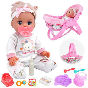SMILESSKIDDO 14" Baby Doll with Washable Dolls Accessories, Lifelike Soft Babydoll Pretend Play Includes Carrier Bassinet Bed, Doll Clothes, Feeding Set, Gift Idea for Girls 1 2 3+ Year Old