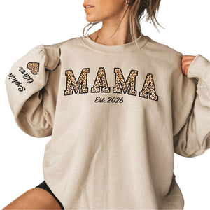 KEVSVERLY Custom Mama Sweatshirt with Kid Names on Sleeve Leopard Print Personalized Mom Shirt for Women, Customized Mama Hoodie Mom Gift for Mother’s Day Christmas Birthday