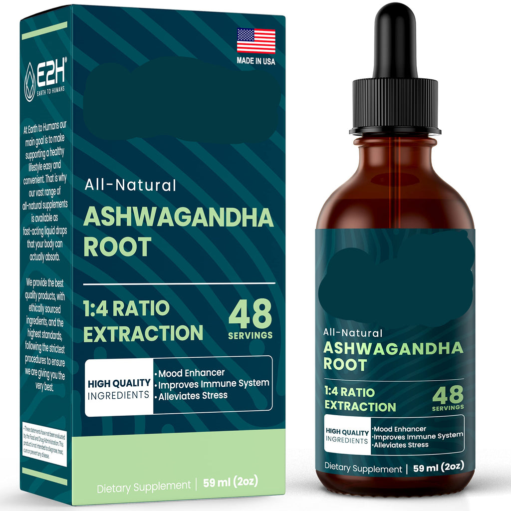E2H Ashwagandha Root supplement packaging and bottle on a white background