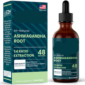 E2H Ashwagandha Root supplement packaging and bottle on a white background