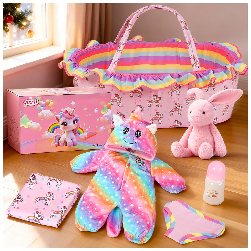 ARTST Reborn Baby Doll Accessories with Bassinet, Rainbow Unicorn Doll Clothes Outfit Set for 17-22 inch Newborn Babies,Valentine's Gift for 3-12 Girls Boys(NO Doll)
