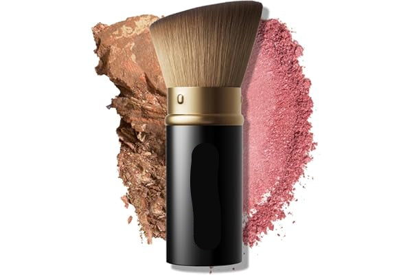 Makeup brush with pink and brown powder on a white background, featuring the brand 'Laura Geller'.