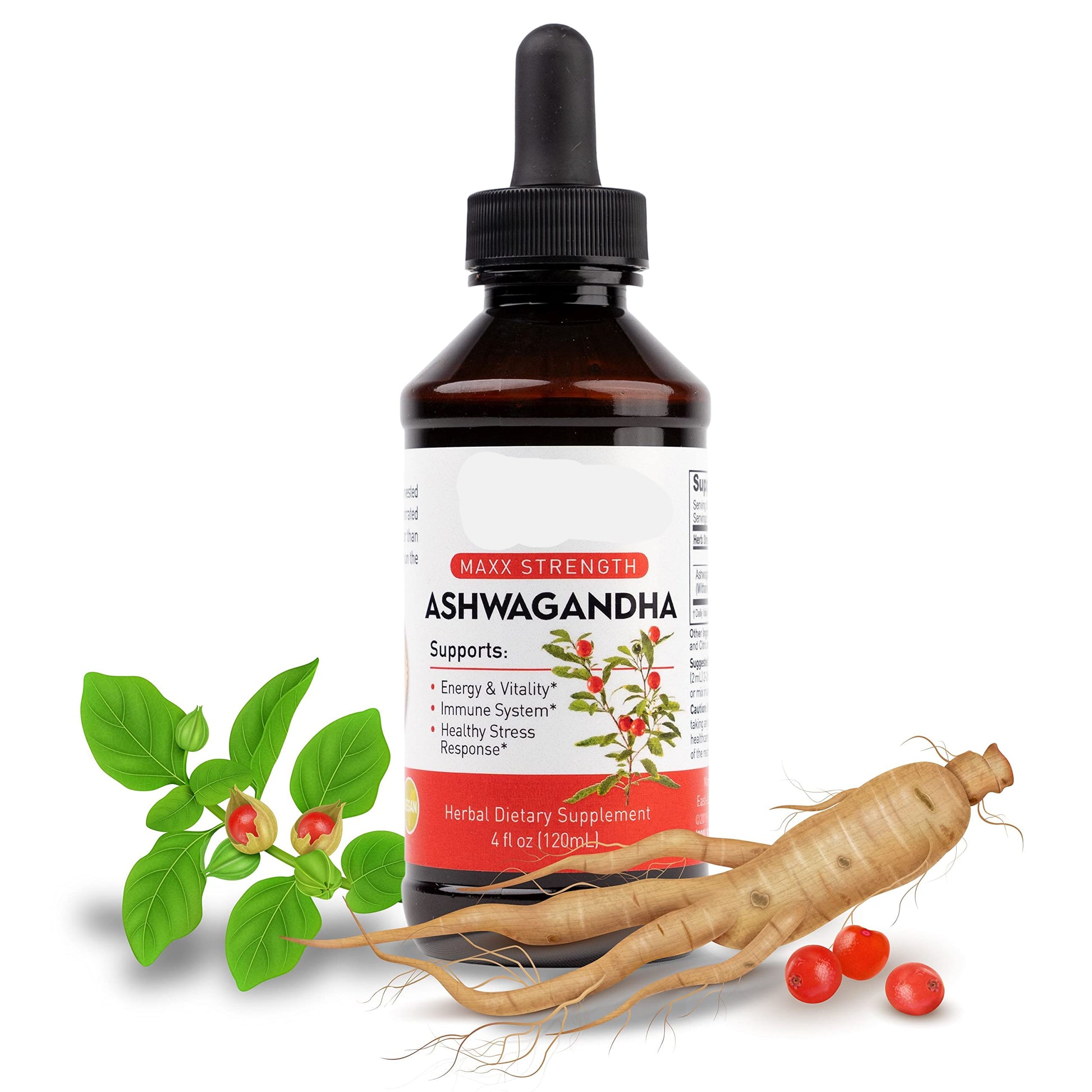 Bottle of Maxx Herb Ashwagandha supplement with roots and leaves on a white background