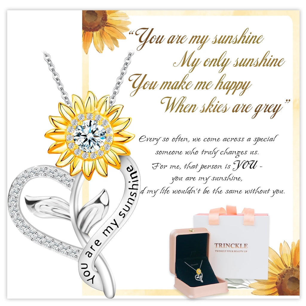 Trinckle You Are My Sunshine Necklace, Sterling Silver Sunflower Necklaces for Women Christmas Gifts for Wife as Sunflower Jewelry Anniversary Birthday Present, Moissanite Heart Pendant for Her