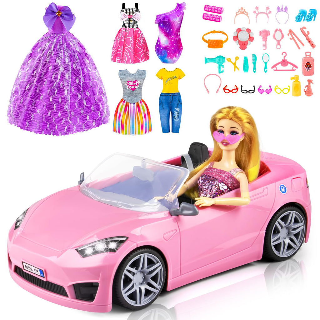 76 Pcs Doll & Convertible Car Playset,Included 11.5 In Doll,Doll Car,Princess Dresses,Fashion Dresses,Casual Clothing,Swimsuits,Bags,Shoes,Doll Playset,Doll Dress up Toys for Girls Kids Toddlers Gifts