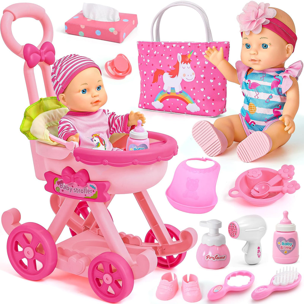 Golray Girl Baby Doll Stroller Toy Set with 12" Baby Doll & 17pcs Baby Doll Accessories Handbag/Clothes/Sunshade/Feeding Nursery Pretend Play Toy Birthday Gift for Toddler Girls 3 4 5 6 7 Years Old