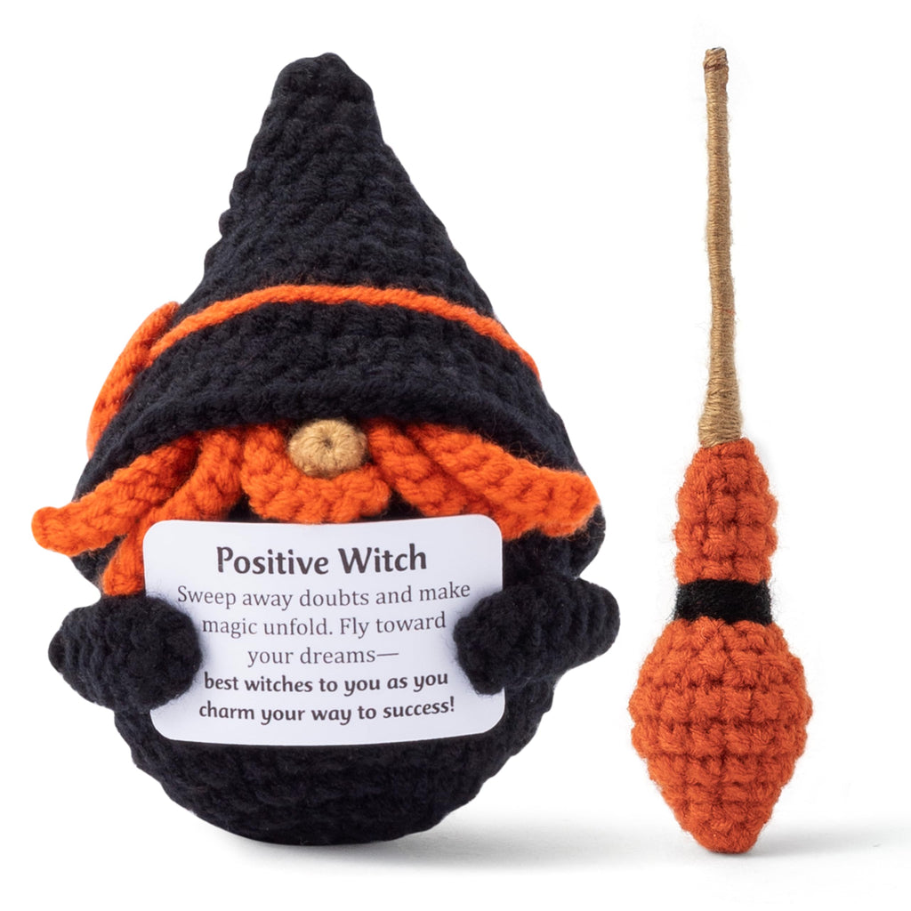 Halloween Positive Crochet Doll - 2 Pcs Witch Broom Handmade Knitted Crochets with Encouragement Card Mini Plush Emotional Support Toy Party Favor Decorations Funny Craft Gifts for Friends