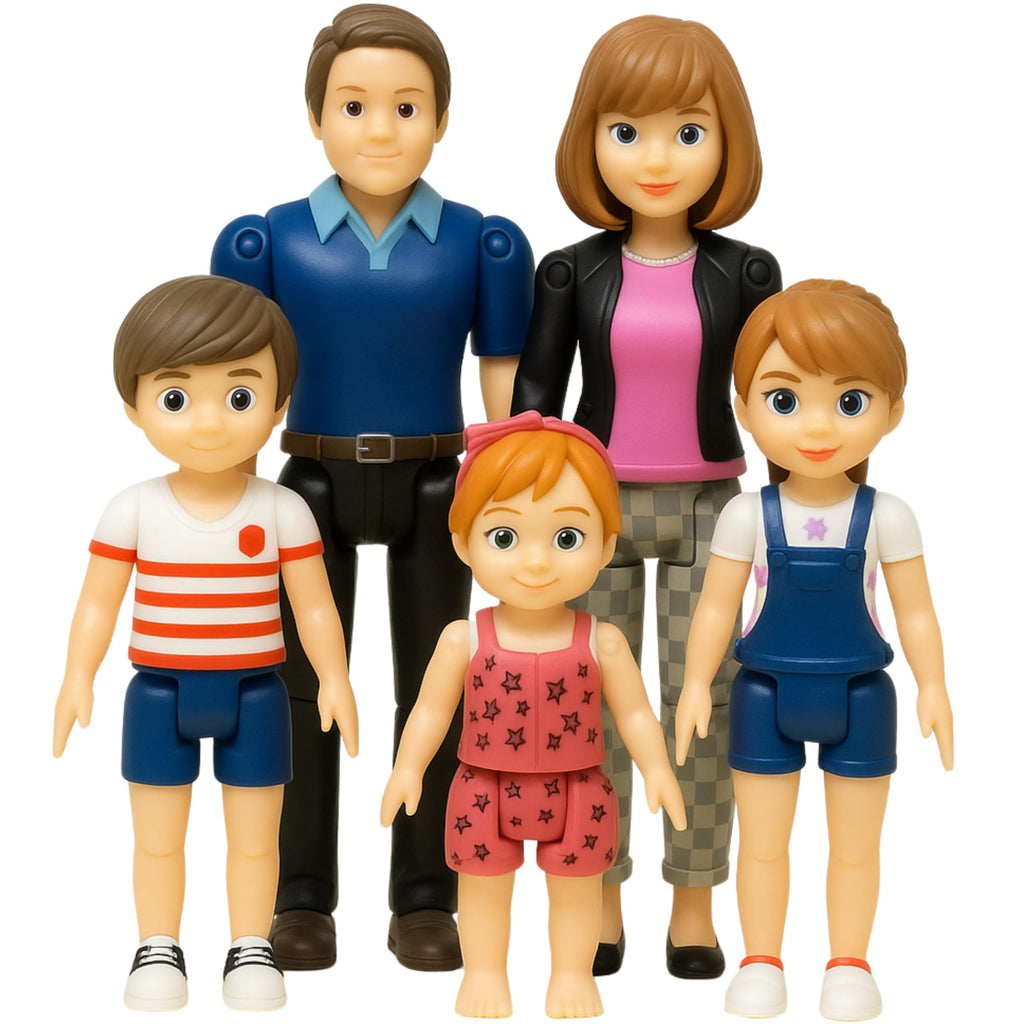 TOMLEON Family Dollhouse People - Doll House People Figures - 5 Poseable Action Figures Incl. Mom, Dad, Sister, Brother, Toddler - Small Dolls for Dollhouse - Dollhouse Dolls (Family)