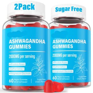 Two bottles of NEVISS Ashwagandha Gummies with blue labels and red gummies on a white background.