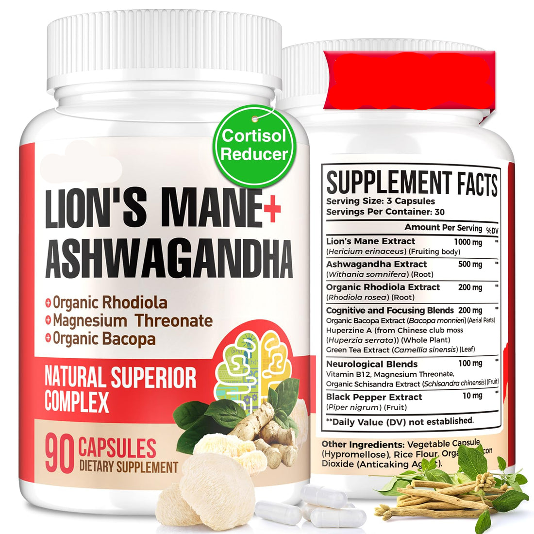 Supplement bottle labeled 'Lion's Mane + Ashwagandha' with visible branding and ingredient details.