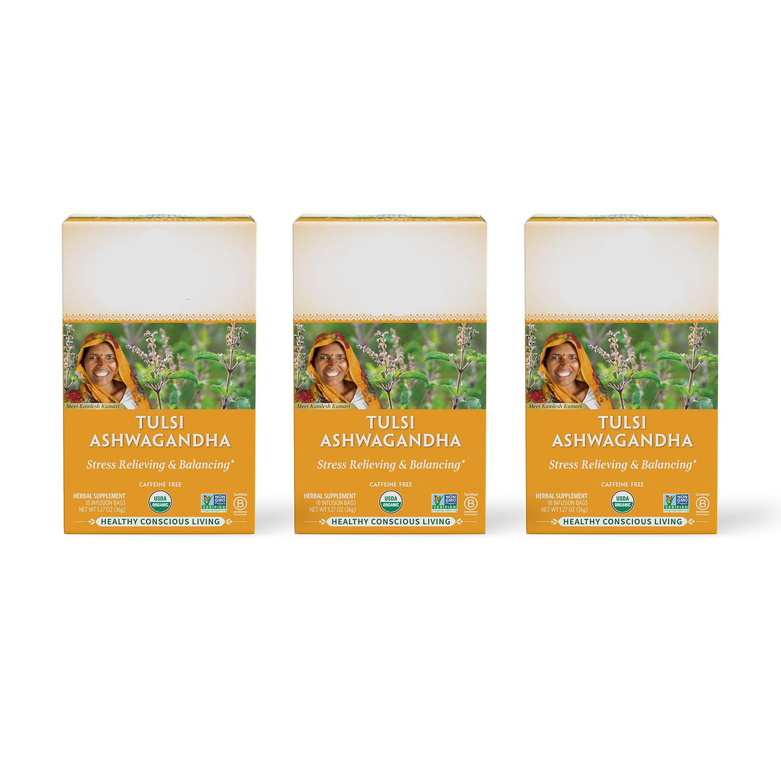 Three boxes of Organic India Tulsi Ashwagandha on a white background
