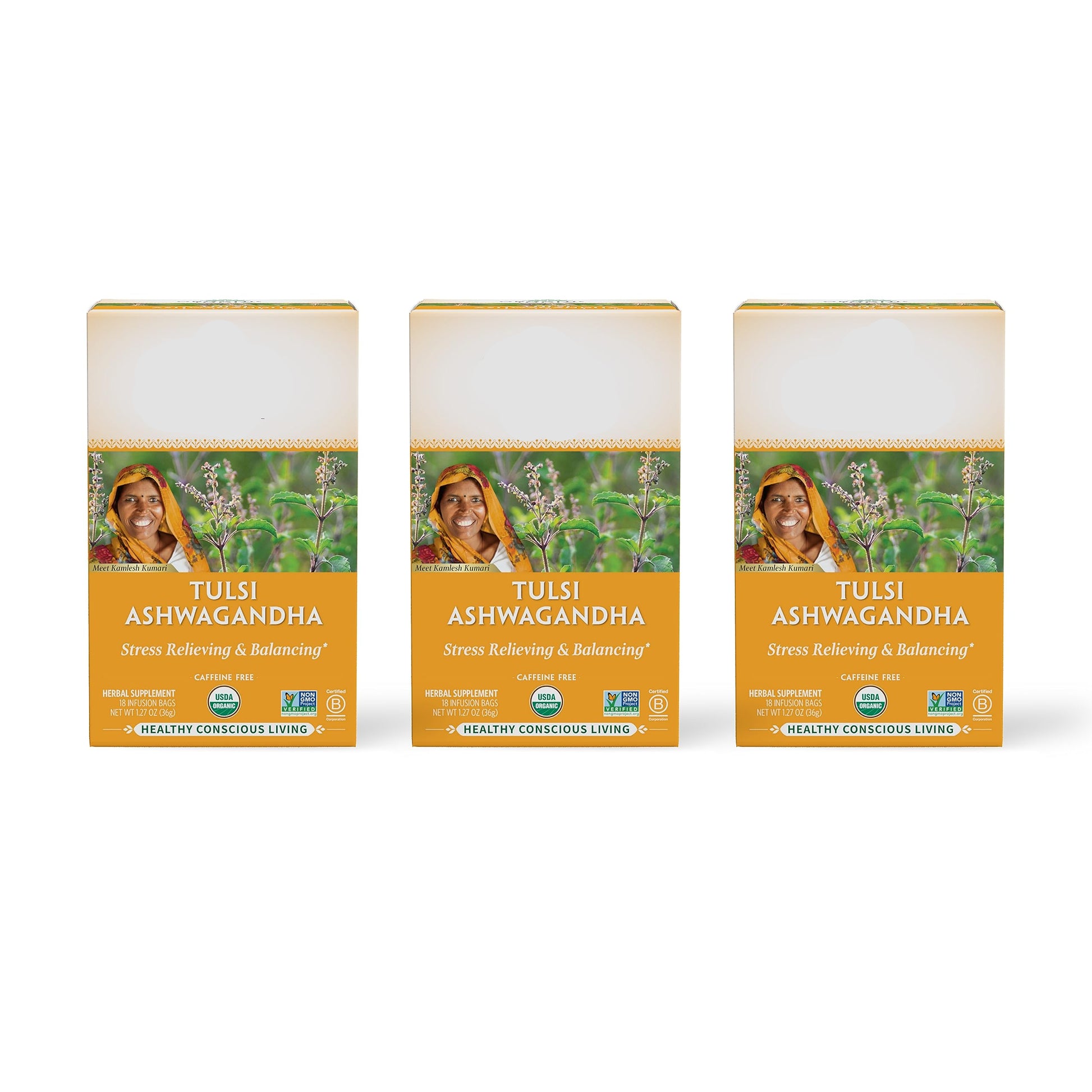 Three boxes of Organic India Tulsi Ashwagandha on a white background