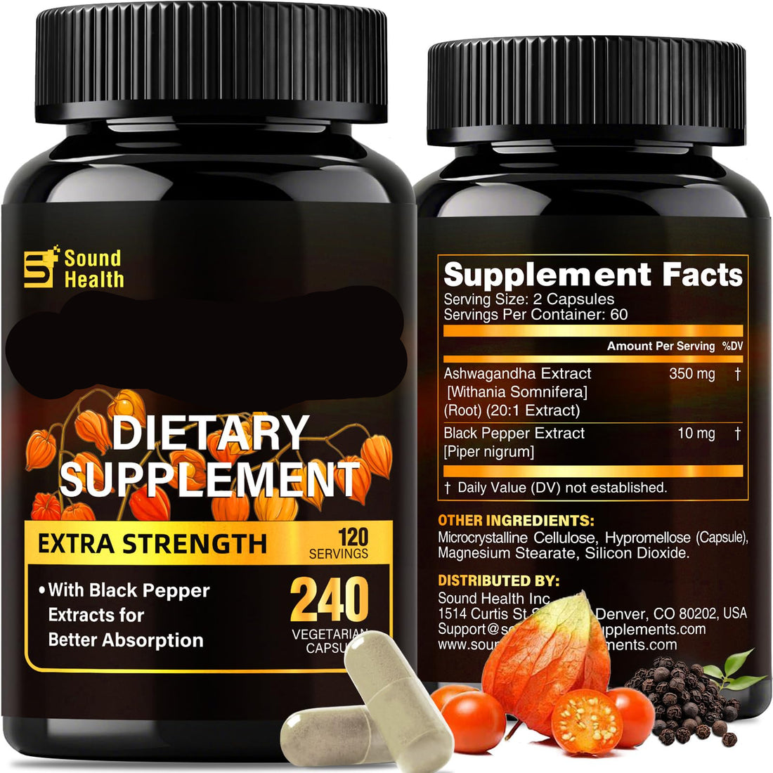 Two bottles of Sound Health Ashwagandha dietary supplement with ingredients and facts displayed.