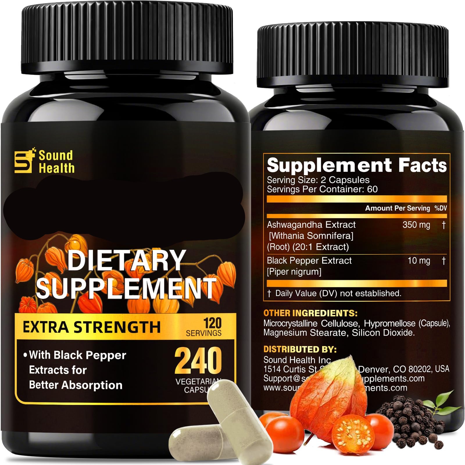 Two bottles of Sound Health Ashwagandha dietary supplement with ingredients and facts displayed.
