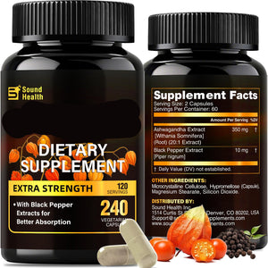 Two bottles of Sound Health Ashwagandha dietary supplement with ingredients and facts displayed.