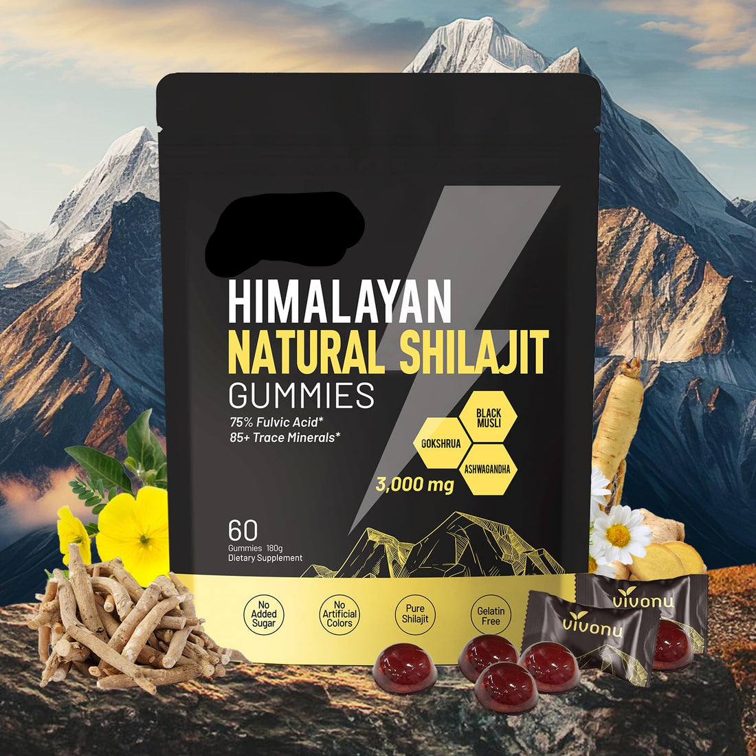 Vivonu Himalayan Natural Shilajit Gummies packaging with mountain background