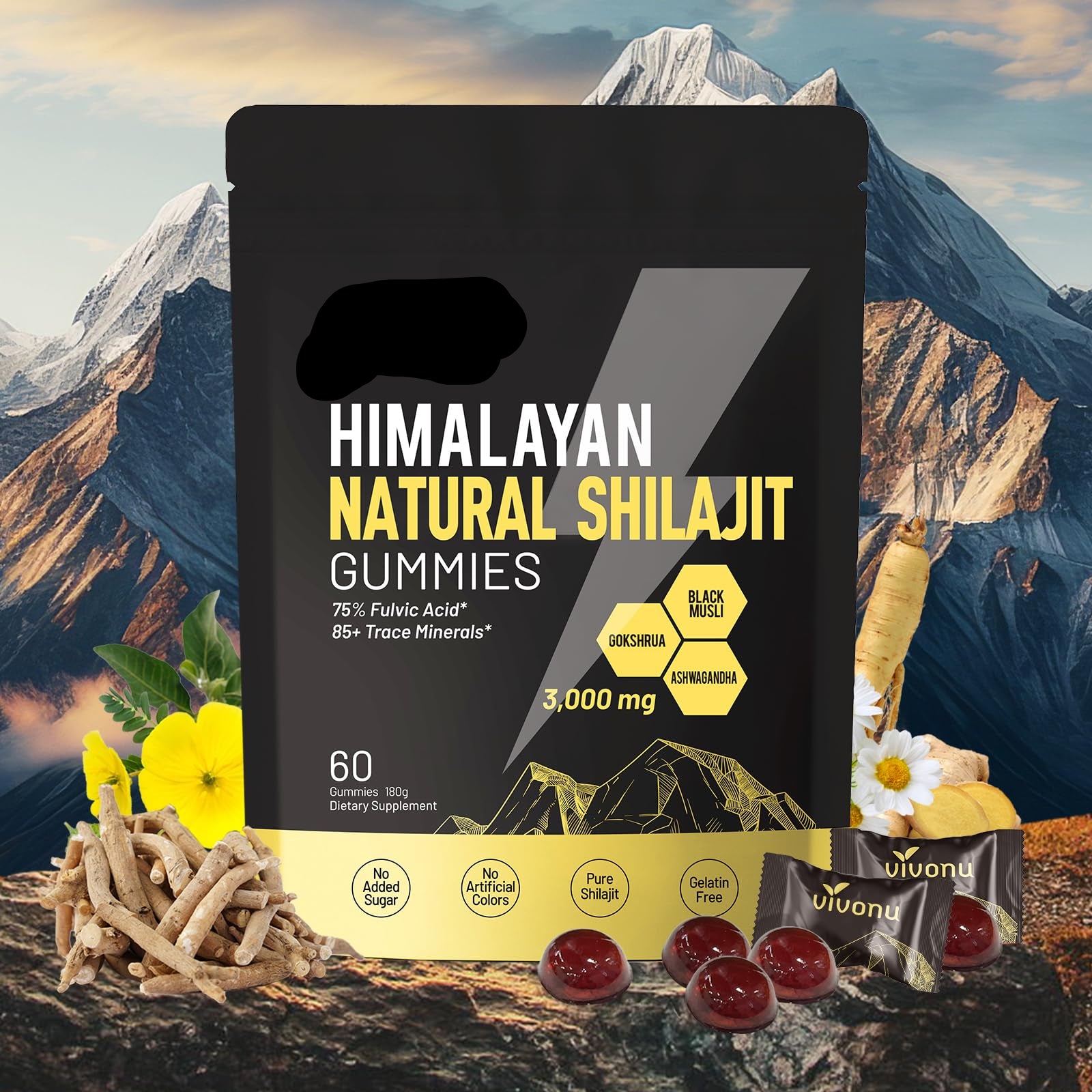 Vivonu Himalayan Natural Shilajit Gummies packaging with mountain background