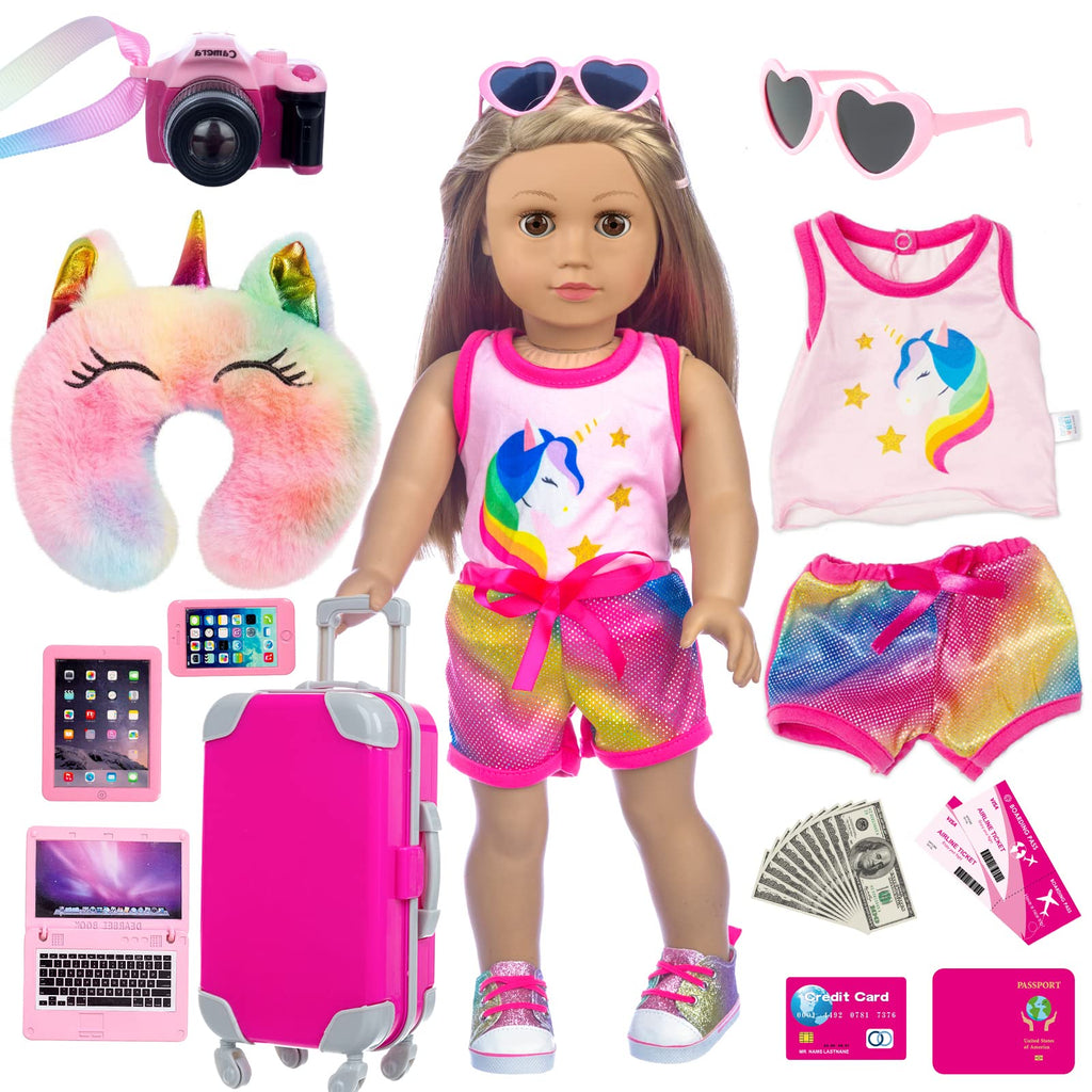 23 Pcs American 18 inch Doll Clothes and Accessories - Suitcase Luggage , Pillow, Sunglasses, Camera, Passport, Mobile Phone , Computer Doll Travel Gear Play Set (No Dolls)