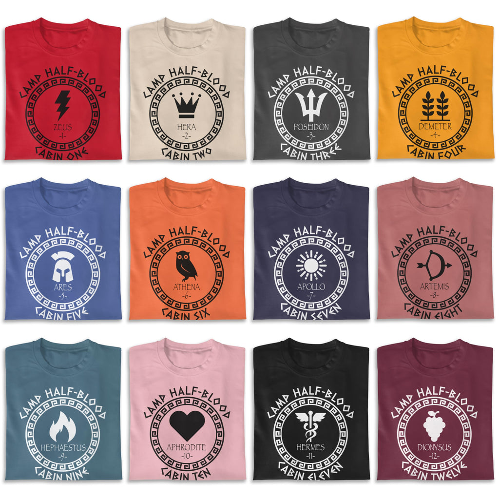 Personalized Camp Half Blood Shirt with 13 Cabins, Percy Jackson Fan Shirt, Unisex Greek Mythology Graphic T Shirt, Customizable Tee, Book Lovers Gift Orange
