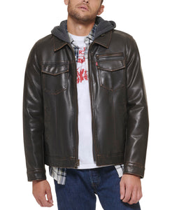 Levi's Men's Faux Leather Hooded Trucker Jacket With Sherpa Lining (Regular & Big & Tall Sizes)