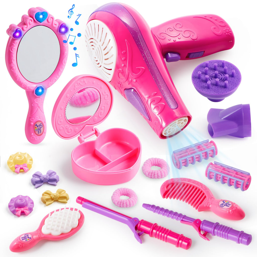 JOYIN 17Pcs Girls Beauty Salon Set, Pretend and Play Doll Hair Stylist Toy Kit with Hairdryer, Mirror, Curling Iron and Other Accessories for Kids Toddler Fashion Cutting Makeup Party Favor
