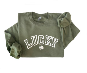 Up2ournecksinfabric Lucky Sweatshirt - Womens St Patricks Day Shirt - Shamrock Sweatshirt - Embossed Puff - St Patrick's Day Sweater Light Grey