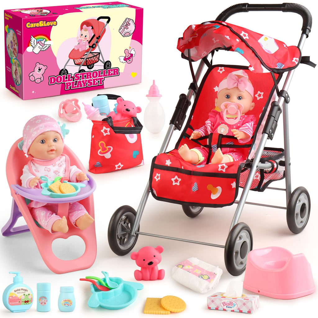Baby Doll Stroller Set - A 12.5" Baby Doll with Doll Accessories & 2 Sets Clothes, Baby Doll Stroller for Toddlers 3-5, Doll Playset Toy Stroller for Kids, Gifts for Girls 3 4 5 Year Old Girls Toys