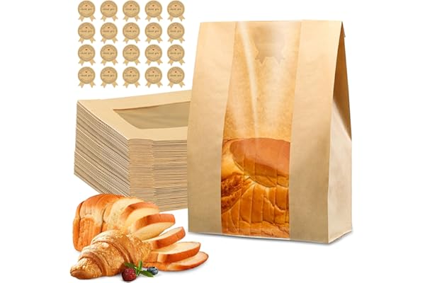 50 Pcs Bread Bags for Homemade Bread, Sourdough Paper With Window, 50% Thicker 13.7x8.2x3.7in A Large Bakery Bags Used for Storage Cookies & Snacks, 60 Cute Sealing Stickers With Ties